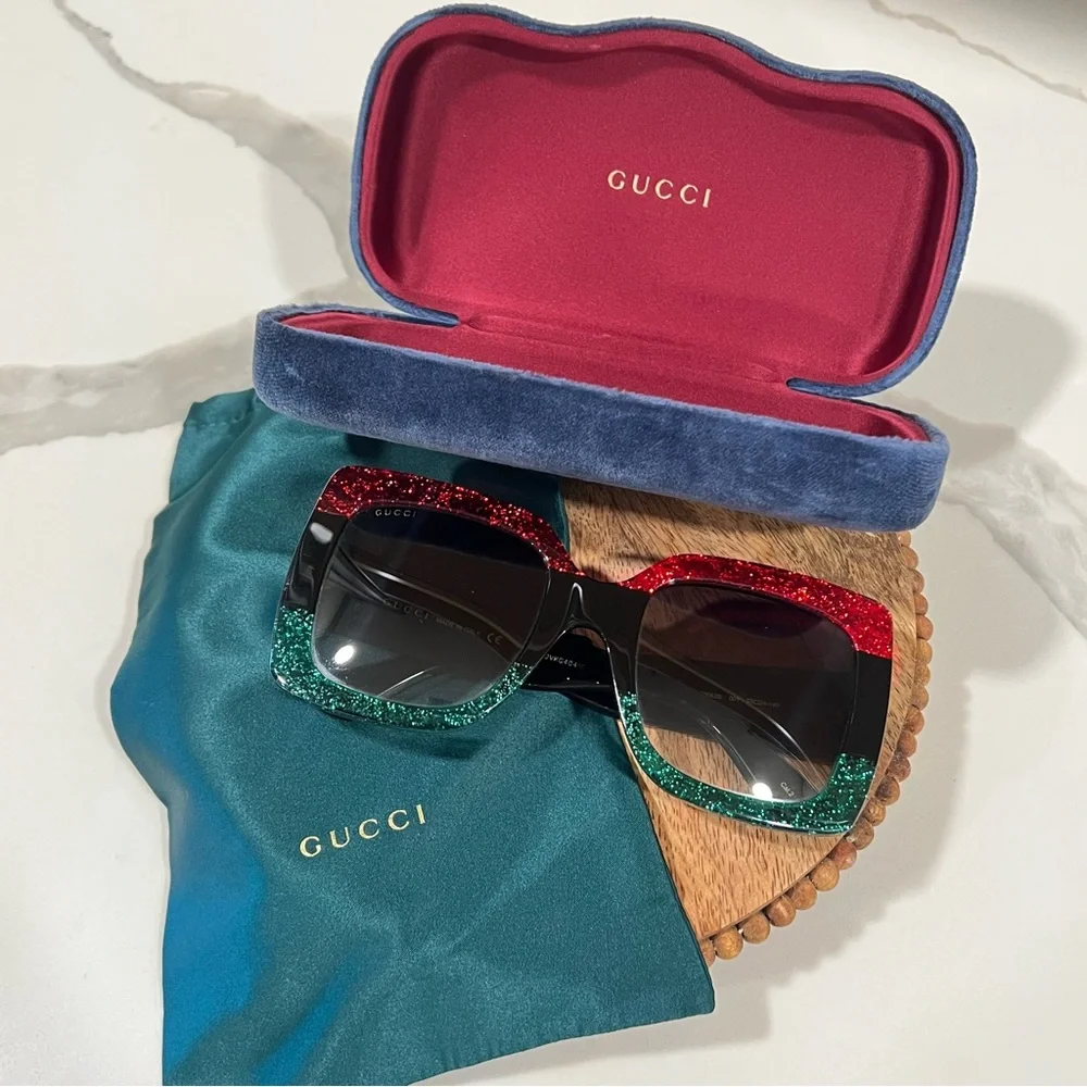 Gucci Red and Green Glitter Sunglasses‎ acetate square sunglasses minor flaws